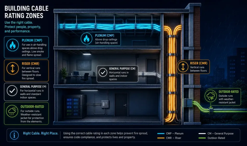 What Are The Hazards Of Copper Media? 2 Building Cross-Section Showing Plenum-Rated Cable In The Ceiling Airflow Space, Riser-Rated Cable In A Vertical Shaft Between Floors, General-Purpose Cable In Standard Walls, And Outdoor-Rated Cable On The Exterior