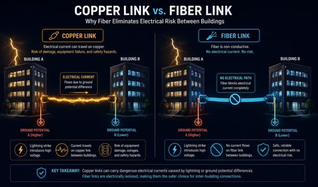 What Are The Hazards Of Copper Media? 3 Side-By-Side Comparison Showing A Copper Link Between Two Buildings Carrying Induced Lightning Current And Ground Potential Differences, Versus A Fiber Link That Carries No Electrical Current At All