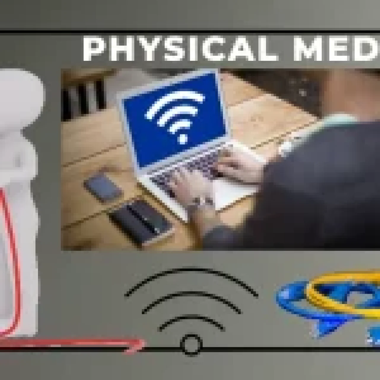 A person using a laptop with a Wi-Fi symbol on the screen, surrounded by images of network cables and a communication tower.