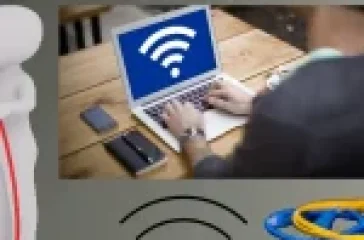 A person using a laptop with a Wi-Fi symbol on the screen, surrounded by images of network cables and a communication tower.