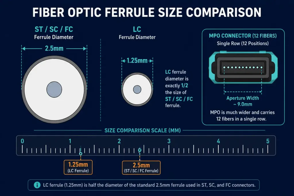 Fiber Optic Connectors Explained: St, Sc, Lc, And Fc Types 2 Scale Comparison Of 2.5Mm And 1.25Mm Fiber Connector Ferrule Sizes