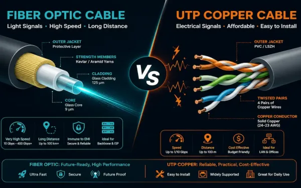 Split Illustration Comparing Fiber Optic And Copper Cable Construction