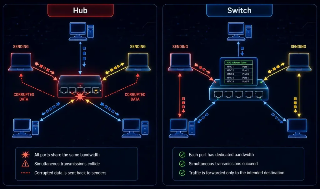 Network Devices: Hubs, Switches, Routers, And More Explained 2 Side-By-Side Comparison Showing A Hub Causing A Data Collision When Two Devices Transmit Simultaneously, Versus A Switch Routing The Same Two Transmissions Cleanly To Their Correct Destinations With No Collision