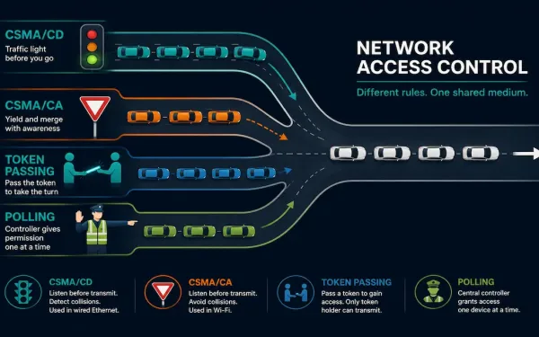 Traffic Intersection Illustration Representing Four Network Media Access Control Methods