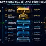 Network Devices: Hubs, Switches, Routers, And More Explained 15 A Vertical Stack Of Network Device Icons From Hub Through Gateway, Showing Increasing Capability By Osi Layer, With Firewall And Load Balancer Icons Layered Alongside As Complementary Security And Performance Tools