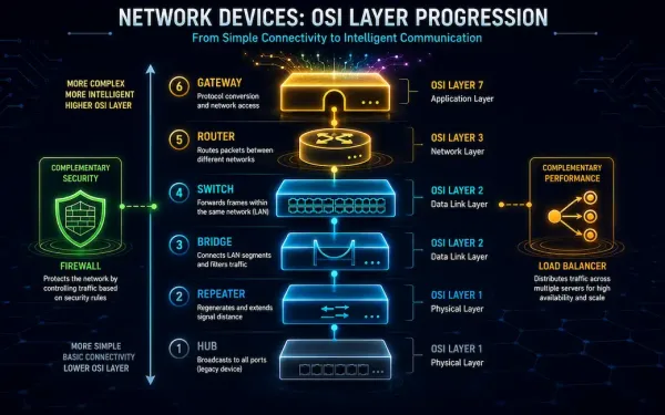 A Vertical Stack Of Network Device Icons From Hub Through Gateway, Showing Increasing Capability By Osi Layer, With Firewall And Load Balancer Icons Layered Alongside As Complementary Security And Performance Tools