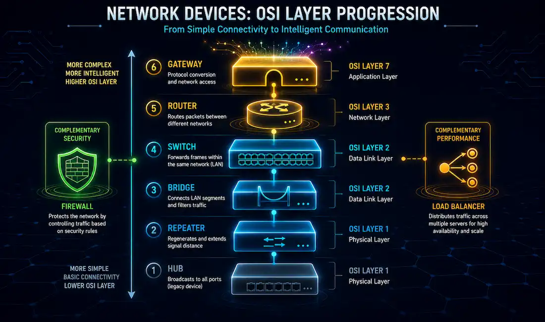 Network Devices: Hubs, Switches, Routers, And More Explained 1 A Vertical Stack Of Network Device Icons From Hub Through Gateway, Showing Increasing Capability By Osi Layer, With Firewall And Load Balancer Icons Layered Alongside As Complementary Security And Performance Tools