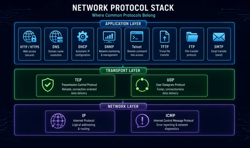 Network Protocols Explained: Tcp, Ip, Http, Dns, And More 2 Three-Band Layered Diagram Showing Application-Layer Protocols (Http, Dns, Dhcp, Snmp, Telnet, Tftp, Ftp, Smtp), Transport-Layer Protocols (Tcp, Udp), And Network-Layer Protocols (Ip, Icmp)