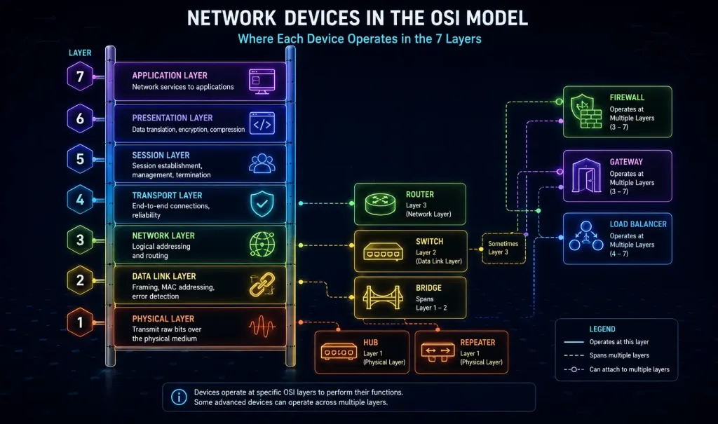 Network Devices: Hubs, Switches, Routers, And More Explained 3 Vertical Osi Layer Ladder Showing Hub And Repeater At Layer 1, Bridge Spanning Layers 1-2, Switch At Layer 2, Router At Layer 3, And Gateway, Firewall, And Load Balancer Positioned As Multi-Layer Devices
