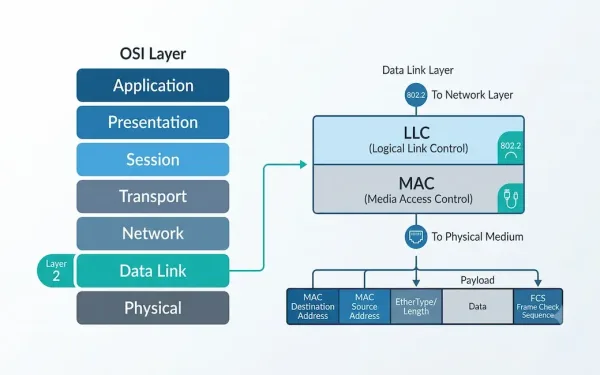 Diagram Of The Osi Data Link Layer Showing The Llc And Mac Sublayers And A Labeled Ethernet Frame With Mac Addresses And Fcs