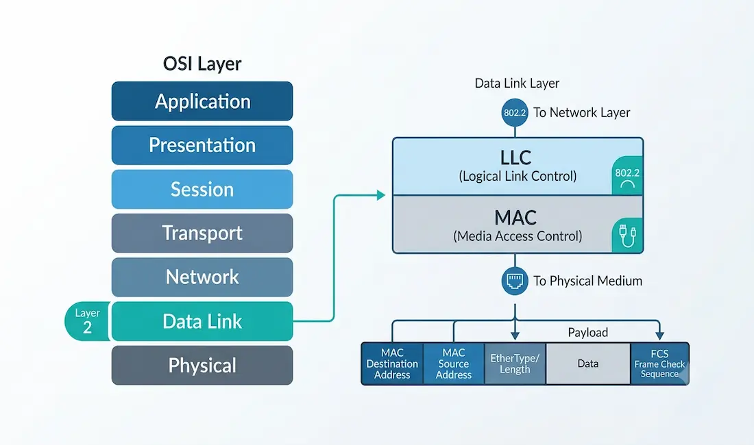 What Is The Data Link Layer? A Complete Guide To Osi Layer 2 1 Diagram Of The Osi Data Link Layer Showing The Llc And Mac Sublayers And A Labeled Ethernet Frame With Mac Addresses And Fcs