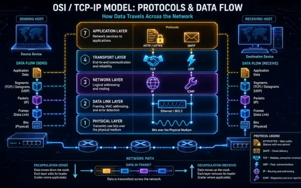 Layered Protocol Stack Showing Http, Tcp, Udp, Ip, And Other Network Protocols Positioned At Their Correct Layer, With A Padlock Marking Https As The Secure Option