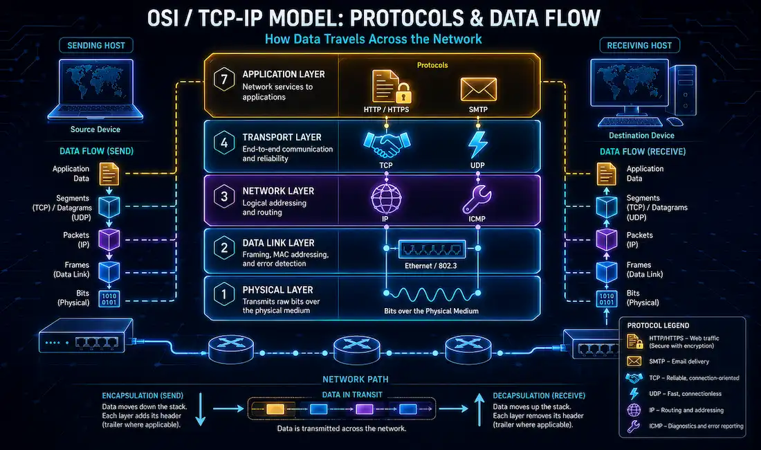 Network Protocols Explained: Tcp, Ip, Http, Dns, And More 1 Layered Protocol Stack Showing Http, Tcp, Udp, Ip, And Other Network Protocols Positioned At Their Correct Layer, With A Padlock Marking Https As The Secure Option