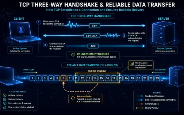 Client And Server Connected By A Three-Way Handshake Sequence — Syn, Syn-Ack, And Ack — Transitioning Into A Steady Data Stream Of Sequenced Packets With A Sliding Window Bracket And A Retransmission Loop