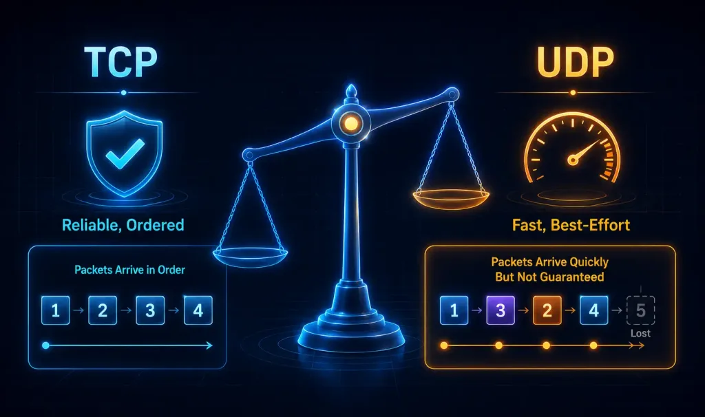 Network Protocols Explained: Tcp, Ip, Http, Dns, And More 3 Balance Scale Diagram Showing Tcp'S Reliable, Ordered Packet Delivery On One Side And Udp'S Fast, Best-Effort Delivery On The Other