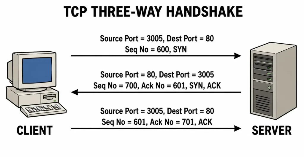 Transmission Control Protocol (Tcp) Explained 3 Client And Server Exchanging A Three-Step Tcp Handshake With Corrected Sequence And Acknowledgment Numbers — Syn With Sequence 600, Syn-Ack With Sequence 700 And Acknowledgment 601, And A Final Ack-Only Message With Acknowledgment 701
