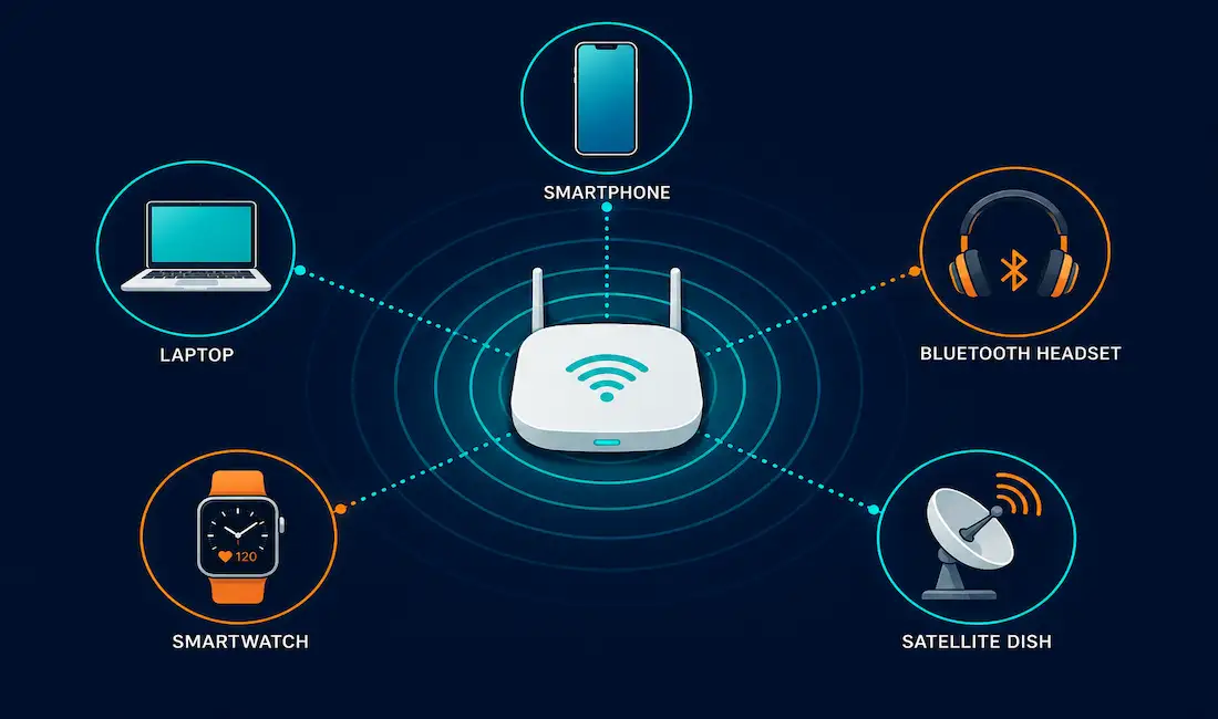 Wireless Media Explained: Wi-Fi, Bluetooth, Wimax, And Cellular 1 Wireless Access Point Connecting Multiple Devices Via Radio Signal