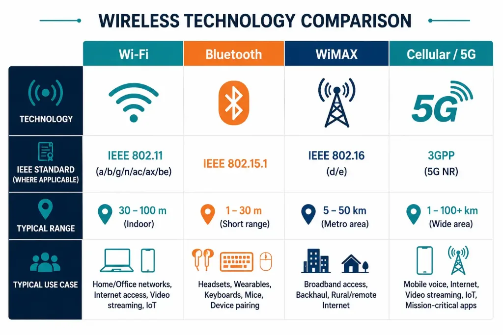 Wireless Media Explained: Wi-Fi, Bluetooth, Wimax, And Cellular 2 Comparison Chart Of Wi-Fi, Bluetooth, Wimax, And Cellular Wireless Standards