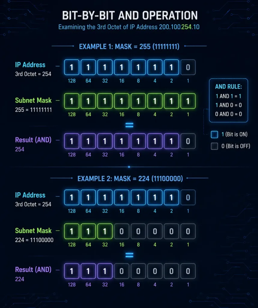 Network And Host Portion Of An Ipv4 Address 2 Bit-By-Bit Diagram Showing An Ip Address Octet Anded With A Subnet Mask Octet To Produce The Resulting Network Bits, With Two Examples Using Different Mask Values