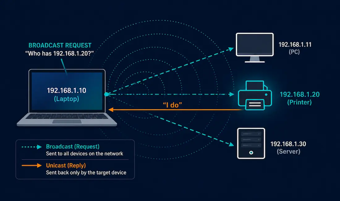 Address Resolution Protocol (Arp) Explained 1 Laptop Broadcasting An Arp Request And Receiving A Unicast Reply From A Printer
