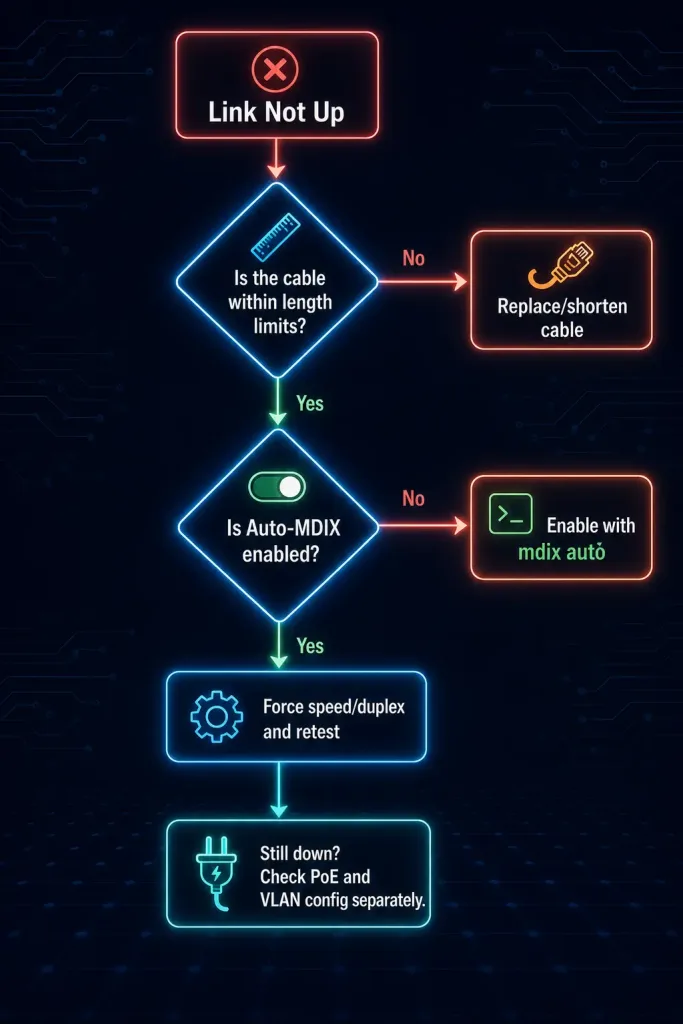 Auto-Mdix On Cisco Devices: How It Works And How To Configure It 3 Decision-Tree Flowchart For Troubleshooting An Auto-Mdix Link That Won'T Come Up, Checking Cable Length, Auto-Mdix Status, And Forced Speed/Duplex Settings In Sequence