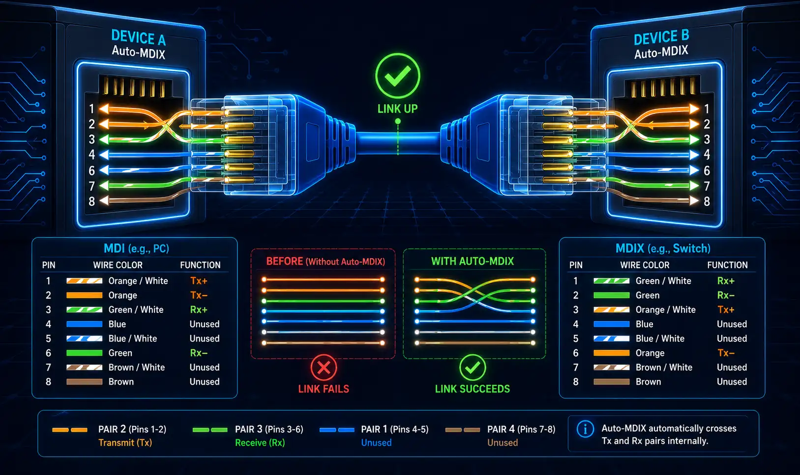 Auto-Mdix On Cisco Devices: How It Works And How To Configure It 1 Two Ethernet Ports Connected By An Rj45 Cable With Glowing Internal Wire Pairs Showing An Automatic Crossover, Next To A Green Checkmark Indicating A Successful Auto-Mdix Link