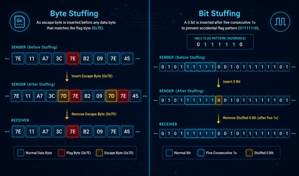 Framing In The Data Link Layer 3 Side-By-Side Comparison Diagram Showing Byte Stuffing With An Inserted Escape Byte And Bit Stuffing With An Inserted Zero Bit After Five Consecutive Ones, Based On The Hdlc Flag Pattern