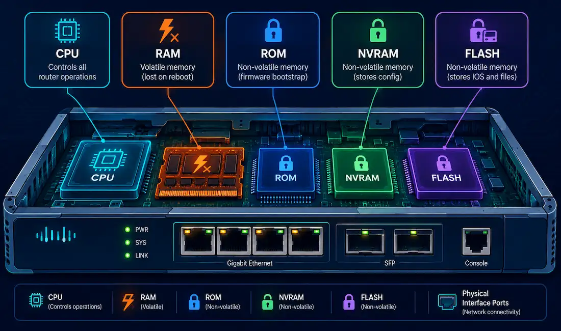 Cisco Router Components Explained: Cpu, Memory Types, And Ios 1 Cutaway Diagram Of A Cisco Router Showing Cpu, Ram, Rom, Nvram, Flash, And Interfaces