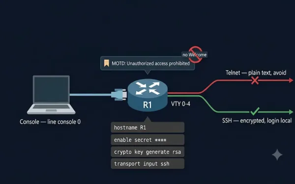 Cisco Router R1 With Console Cable Connection And Two Vty Access Paths Shown — Telnet Marked As Insecure Plain Text To Avoid And Ssh Marked As The Encrypted Login Local Method — With A Command Sequence Panel And A Login Banner Warning Showing No Welcome Wording