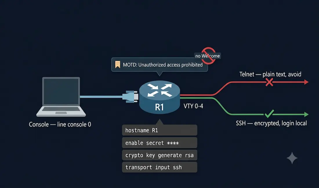 Basic Cisco Router Configuration: Complete Step-By-Step Guide 1 Cisco Router R1 With Console Cable Connection And Two Vty Access Paths Shown — Telnet Marked As Insecure Plain Text To Avoid And Ssh Marked As The Encrypted Login Local Method — With A Command Sequence Panel And A Login Banner Warning Showing No Welcome Wording