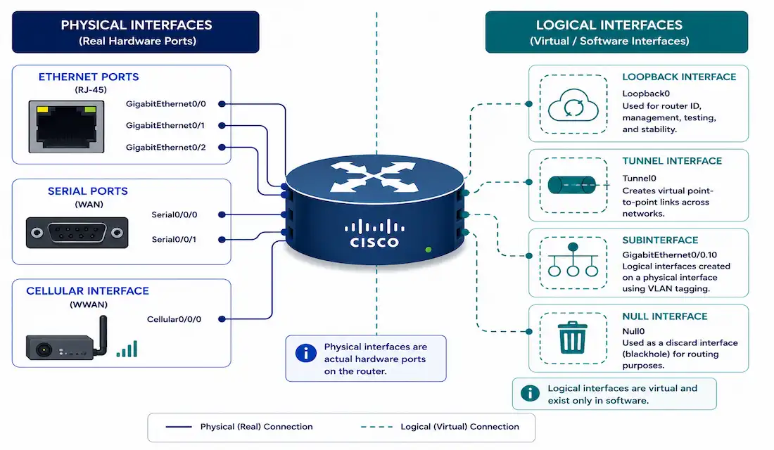 Cisco Router Interfaces: Types, Configuration, And Troubleshooting 1 Diagram Showing A Cisco Router'S Physical Interfaces Alongside Its Logical Virtual Interfaces