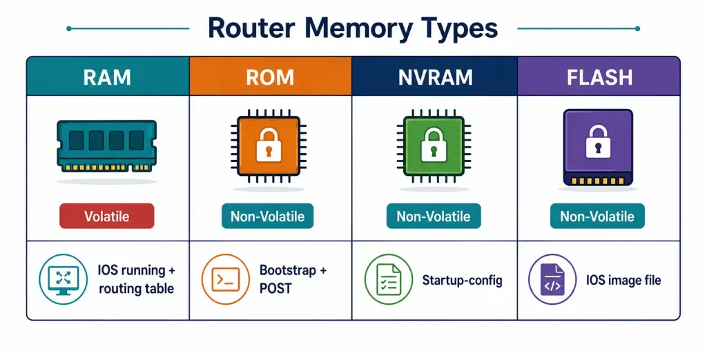 Cisco Router Components Explained: Cpu, Memory Types, And Ios 2 Comparison Chart Of Ram, Rom, Nvram, And Flash Memory In A Cisco Router