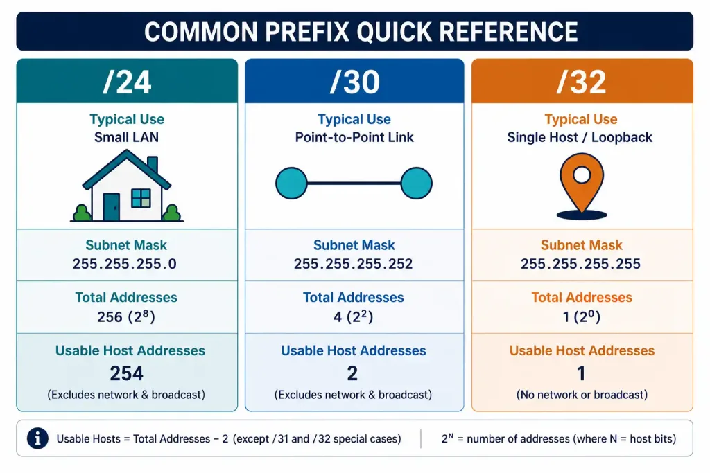 Network Prefix, Network Address, Broadcast Address, And Host Address Explained 4 Quick Reference Comparing /24, /30, And /32 Prefix Use Cases