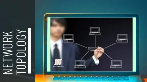 Diagram of a network topology being drawn on a laptop screen by a person, illustrating a star topology with multiple connected devices, set against a vibrant blue and orange background, with "NETWORK TOPOLOGY" text on the left side.