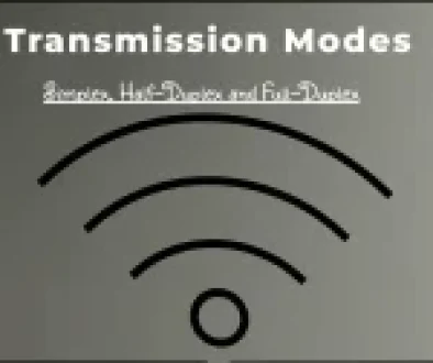Feature image with a grey background and a black border. Text reads 'Transmission Modes: Simplex, Half-Duplex, and Full-Duplex' with a logo in the bottom right corner that says 'NetwerkStad'. The image includes a symbol resembling a Wi-Fi signal.
