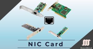 Various types of Network Interface Cards (NICs) arranged around an icon representing an Ethernet port. The text 'NIC Card' is prominently displayed at the bottom along with the NetworkUstad logo and name in the bottom right corner.