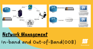 Comparison diagram of in-band vs. out-of-band network management protocols in a server rack environment