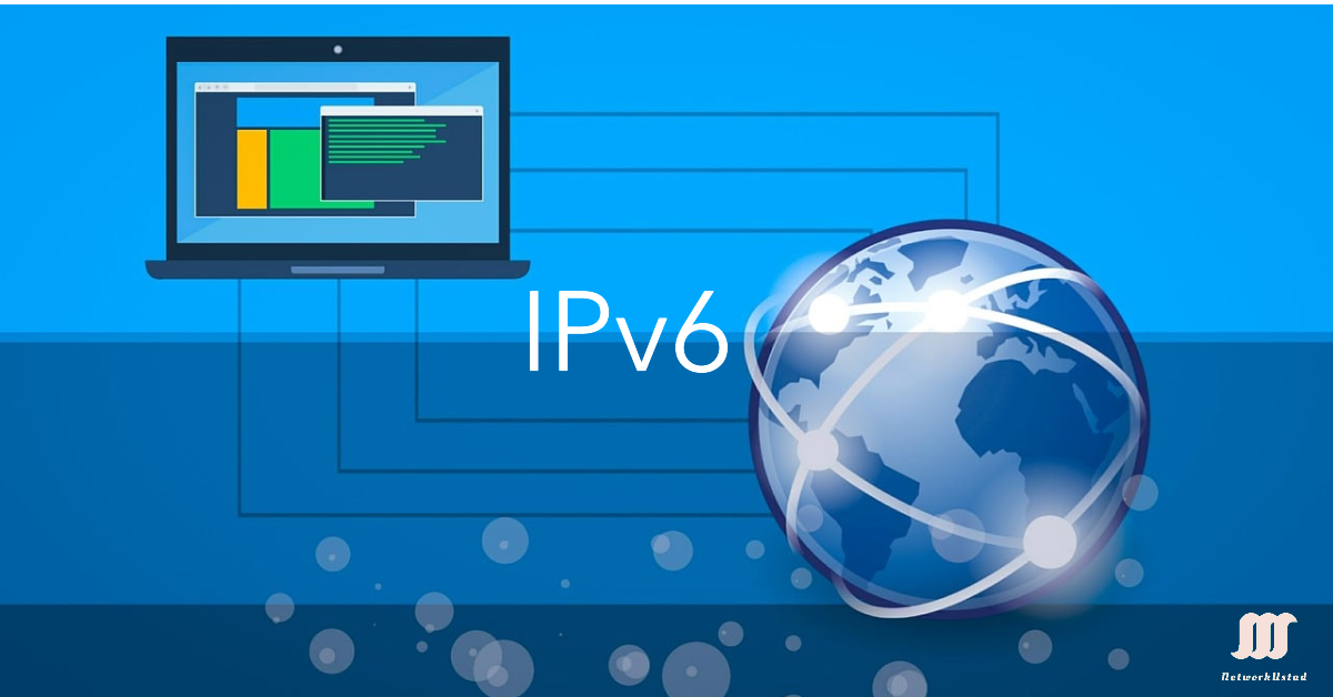 Illustration of a laptop and globe connected with "IPv6" text, symbolising global internet connectivity.