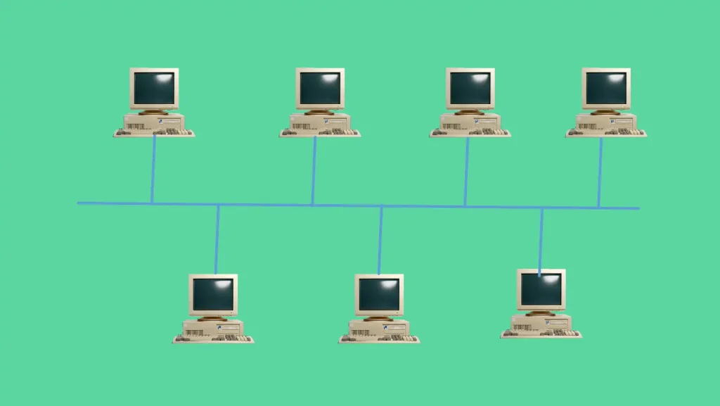Diagram of a bus network topology with devices connected to a single cable