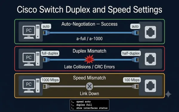 Technical Diagram Showing Three Cisco Switch Port Connection Scenarios: Successful Auto-Negotiation In Green, Duplex Mismatch With Collision Icon In Red, And Speed Mismatch With Link-Down Indicator In Amber, With Cli Commands Below