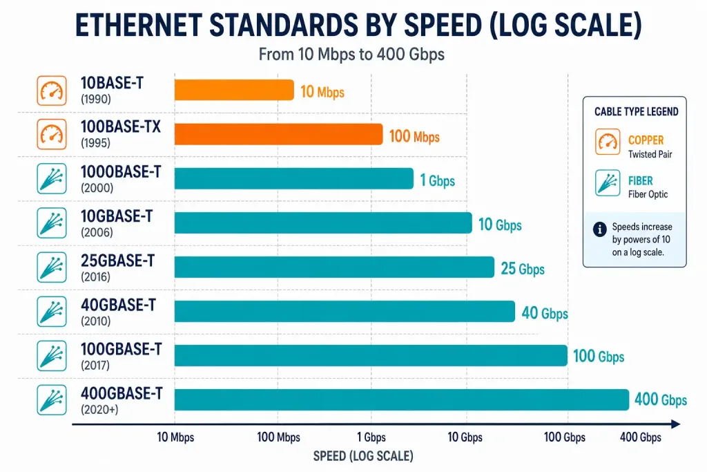 Ethernet Standards Explained: From 10 Mbps To 400 Gbps 2 Bar Chart Comparing Ethernet Standards By Speed And Cable Type