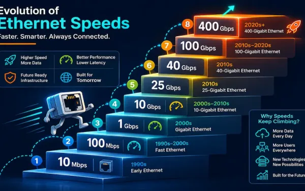 Staircase Illustration Showing Ethernet Speed Progression From 10 Mbps To 400 Gbps