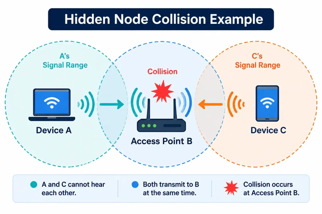 Carrier Sense Multiple Access (Csma) Explained 2 Diagram Of The Hidden Node Problem Showing Two Devices That Can'T Detect Each Other