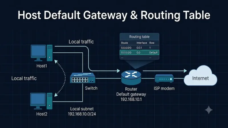 Network diagram showing two hosts, a switch, and a router as the default gateway routing packets between the local subnet and the internet