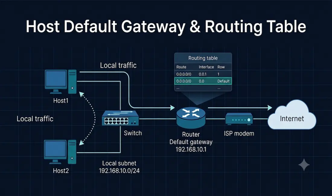 Host Default Gateway And Routing Table: A Complete Guide 1 Network Diagram Showing Two Hosts, A Switch, And A Router As The Default Gateway Routing Packets Between The Local Subnet And The Internet