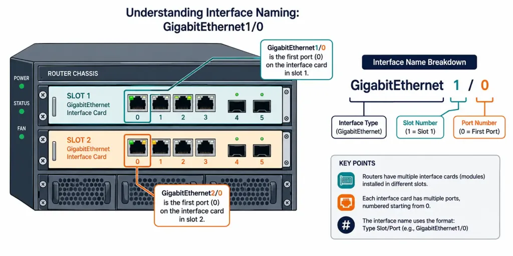 Cisco Router Interface Configuration: A Complete Cli Guide 4 Diagram Breaking Down Cisco Interface Naming Into Slot And Port Numbers
