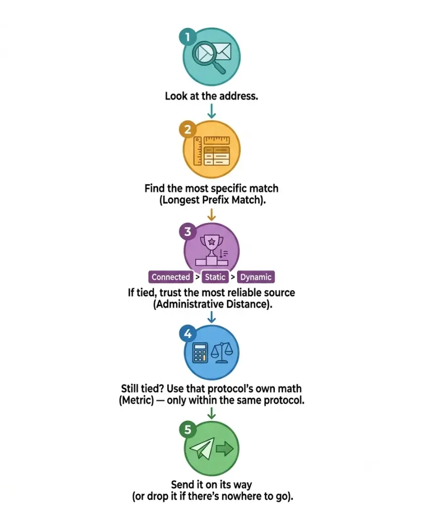 How A Router Makes A Packet Forwarding Decision: A Step-By-Step Guide 3 Five-Step Beginner Flowchart Showing How A Router Decides Where To Send A Packet: Look At The Address, Find The Most Specific Match, Check Administrative Distance If Tied, Compare Metrics Within The Same Protocol If Still Tied, Then Forward Or Drop The Packet