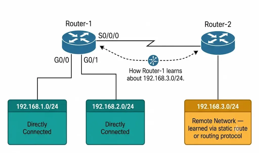 How A Router Makes A Packet Forwarding Decision: A Step-By-Step Guide 2 Network Topology Showing Router-1 With Two Directly Connected Lans, 192.168.1.0/24 And 192.168.2.0/24, And A Serial Link To Router-2, Which Has Its Own Remote Network 192.168.3.0/24 That Router-1 Only Learns About Through A Static Route Or Dynamic Routing Protocol