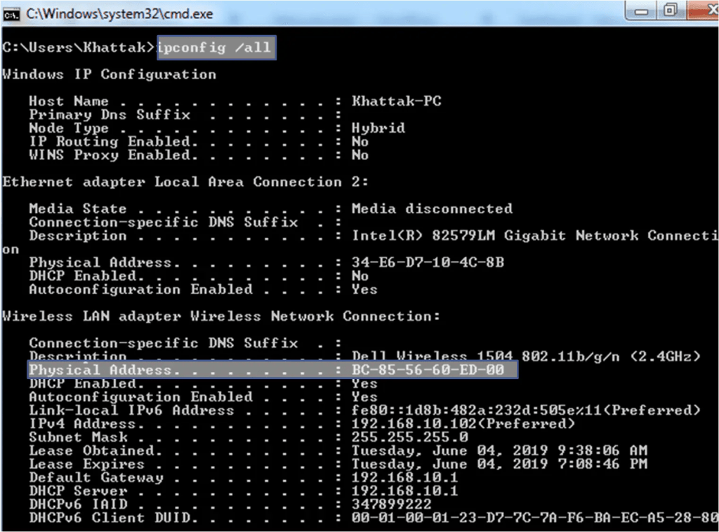 A screenshot of a Windows Command Prompt displaying the output of the ipconfig /all command. The output shows network configuration details for a host named "Khattak-PC." It includes information for an Ethernet adapter (Local Area Connection 2) with a disconnected media state and a Physical Address of 34-E6-D7-10-4C-8B. The Wireless Network Connection section lists a Dell Wireless 1504 802.11b/g/n (2.4GHz) adapter with a Physical Address of 8C-85-56-6E-ED-00, along with IP configuration details such as IPv4 Address (192.168.1.102), Subnet Mask, Default Gateway, and DHCP server information.