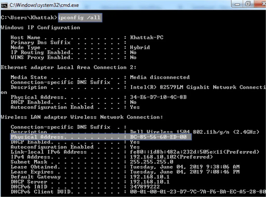 A screenshot of a Windows Command Prompt displaying the output of the ipconfig /all command. The output shows network configuration details for a host named "Khattak-PC." It includes information for an Ethernet adapter (Local Area Connection 2) with a disconnected media state and a Physical Address of 34-E6-D7-10-4C-8B. The Wireless Network Connection section lists a Dell Wireless 1504 802.11b/g/n (2.4GHz) adapter with a Physical Address of 8C-85-56-6E-ED-00, along with IP configuration details such as IPv4 Address (192.168.1.102), Subnet Mask, Default Gateway, and DHCP server information. 